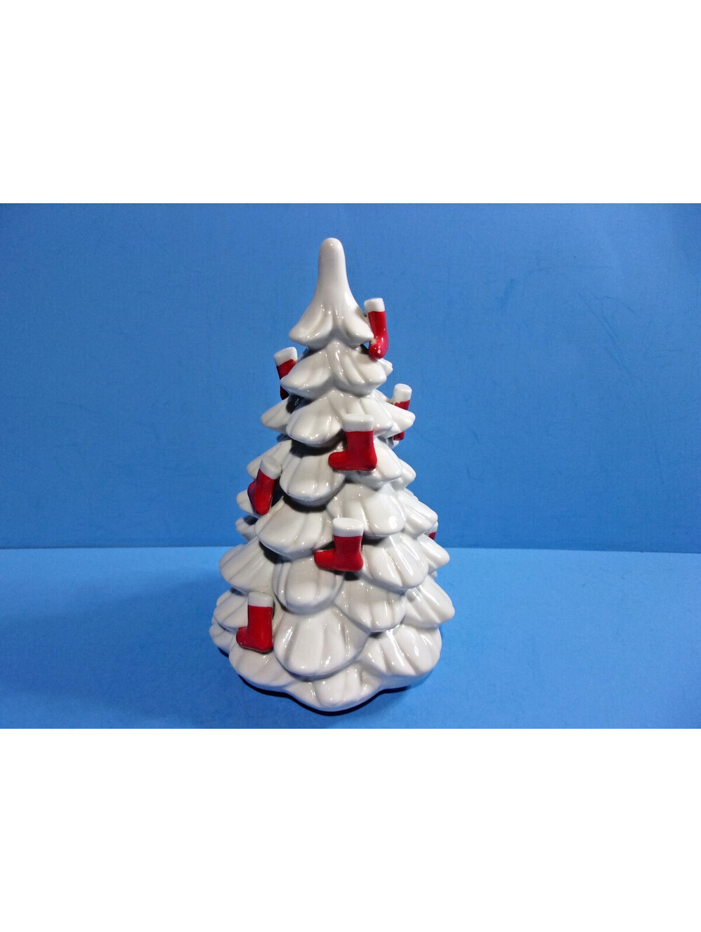 Vintage Ceramic Christmas Tree Musical Revolving White w/ Red Stockings 7" Works